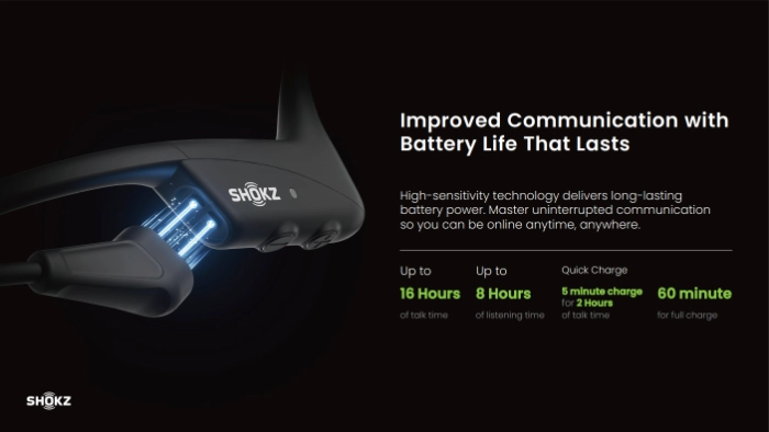 Shokz OpenComm2 Headset Charging & Talk-Time